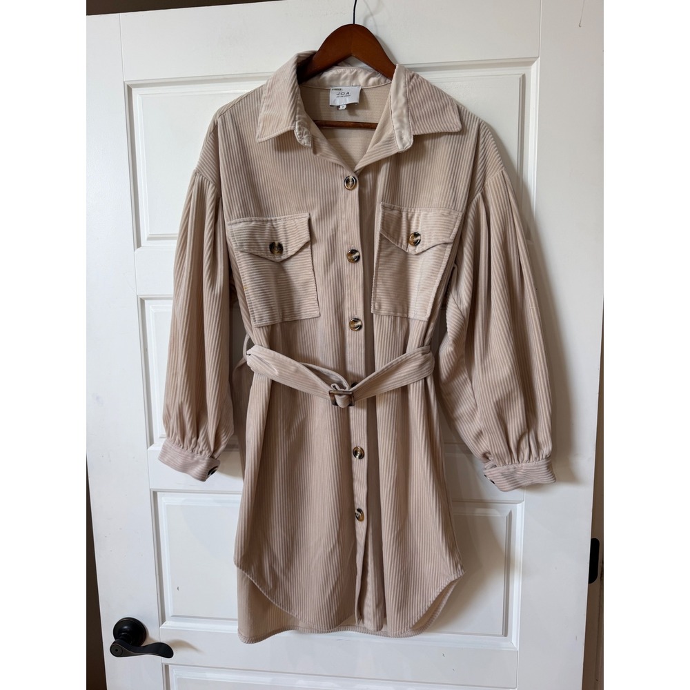 Anthropologie J.O.A. Beige Corduroy Belted Shirt Dress Medium 70s Retro Fall